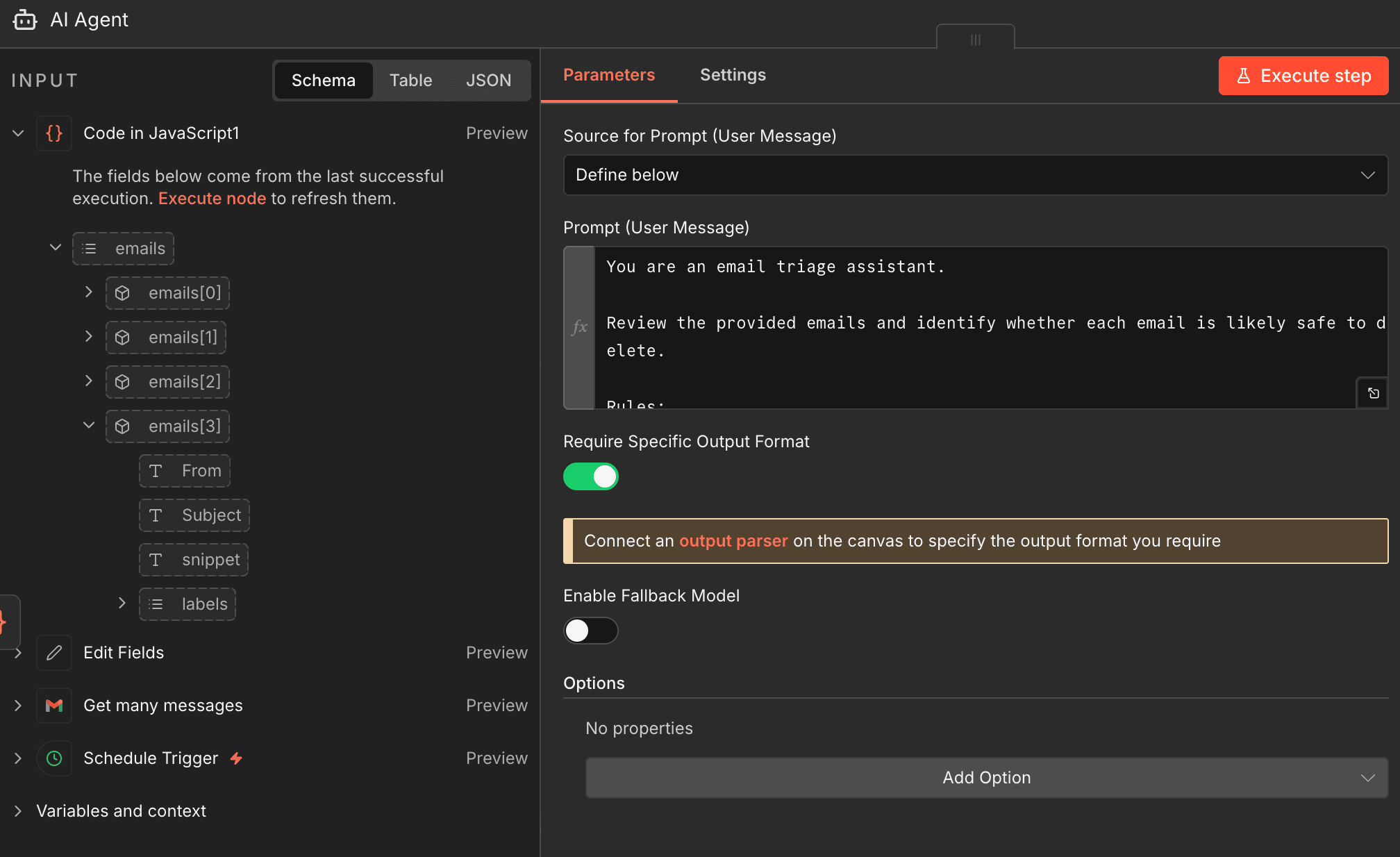 AI Agent node configuration in n8n