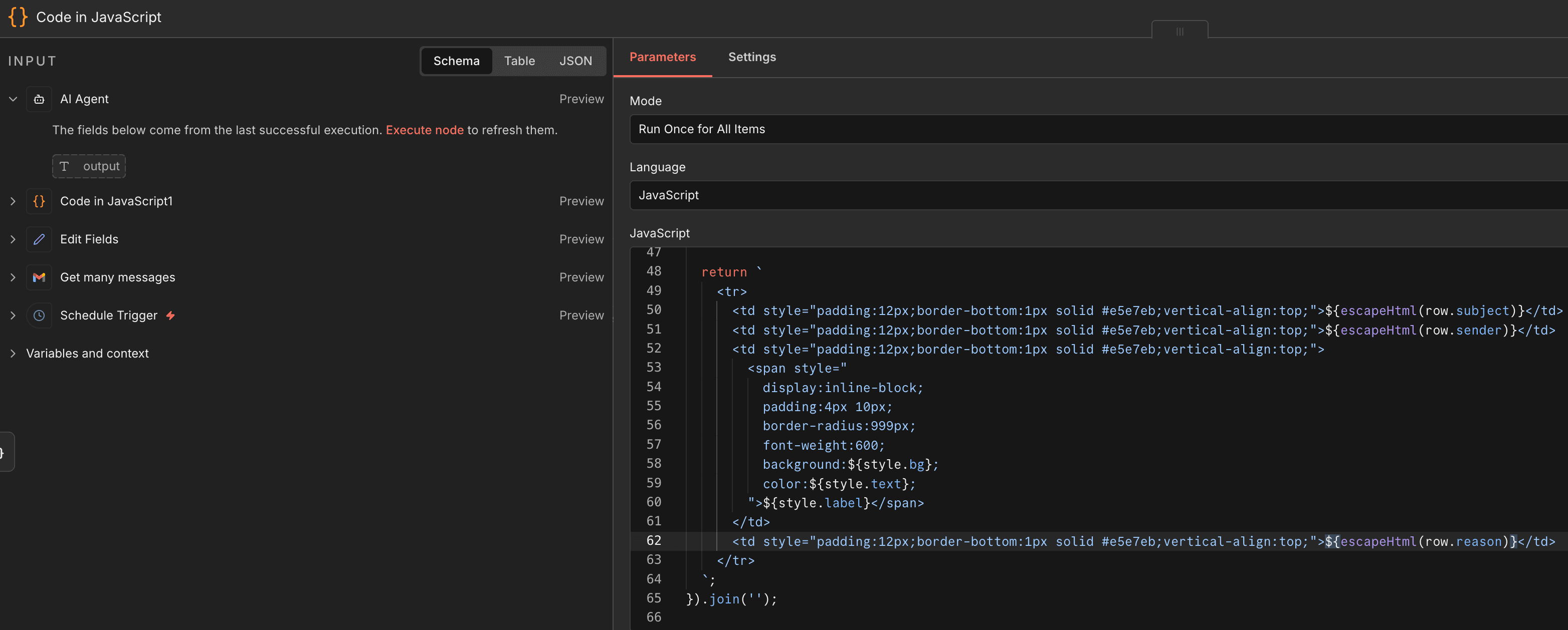 Code node for formatting AI output